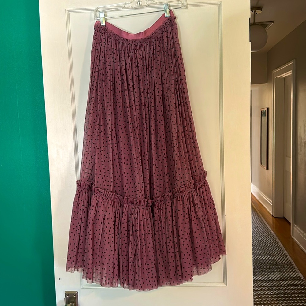 NWT Anthropologie Maeve Tiered Tulle Pink Polka Dot Maxi Skirt Womens size M